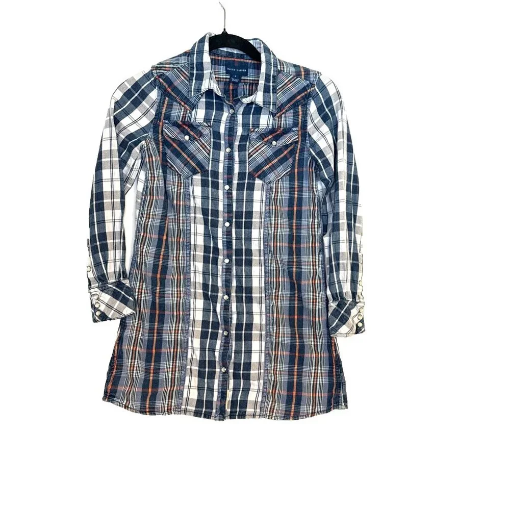 Ralph Lauren Girls ShirtDress 8 Blue with pink Plaid Pearl Snap Flannel Western